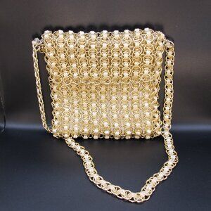 Vintage Walborg gold chain mail and ivory fabric purse